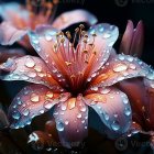 Dew-covered pink flowers with golden centers on dark background