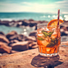 Citrus cocktail with straw on rocky beach by sunlit ocean