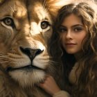 Photorealistic art: lion and woman merge in harmonious blend