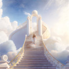 Golden gate on staircase in clouds with blue sky - heavenly scene