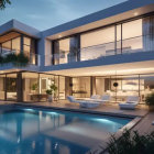 Modern Two-Story House with Large Windows, Balcony, and Pool at Twilight