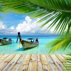 Sunny tropical beach scene with blue water, boats, palm leaves