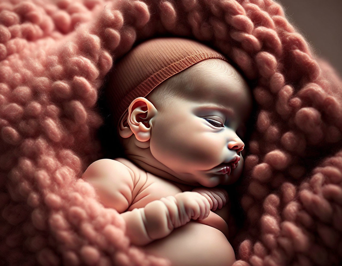 Newborn baby sleeping in pink blanket with brown beanie