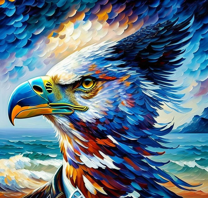 Detailed painting of vivid eagle with abstract plumage against waves and clouds