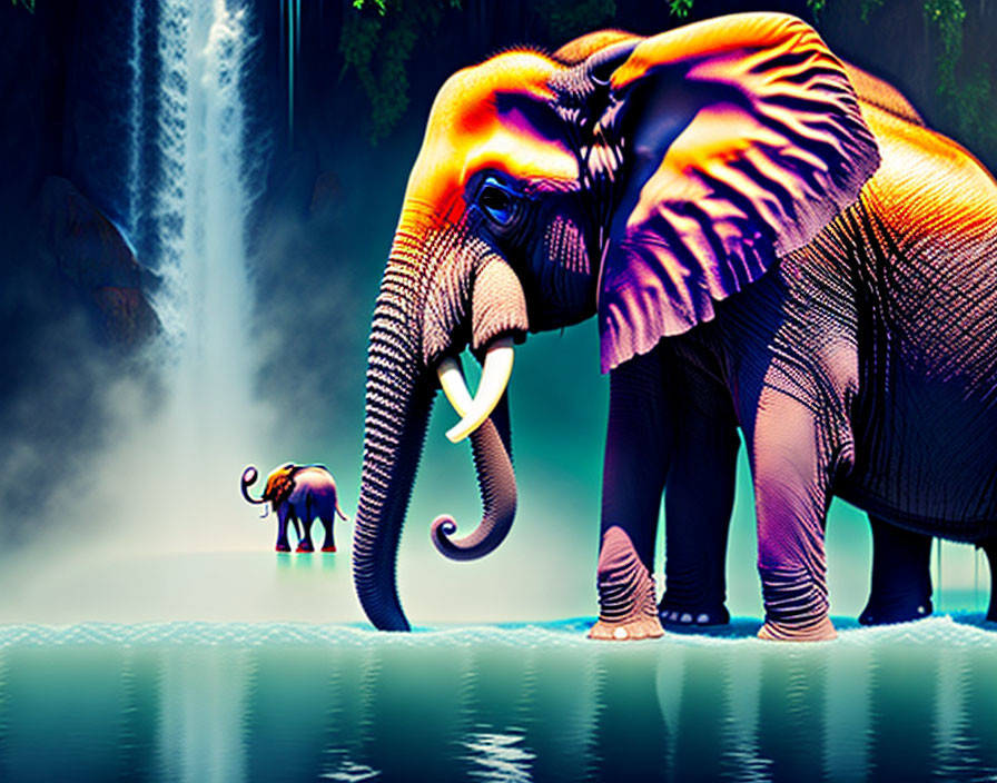 Vibrant Illustration: Two Elephants by Waterfall