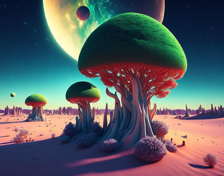 Surreal landscape featuring oversized mushroom-like trees under a sky with large celestial bodies on a desolate