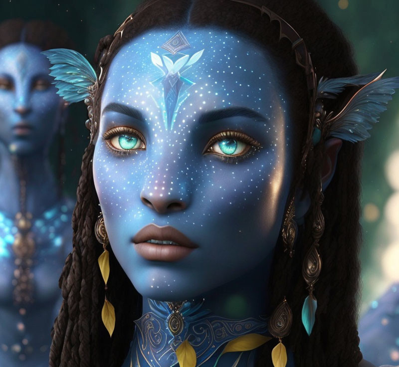 Female character with blue skin, starry patterns, green eyes, pointed ears, and tribal jewelry.