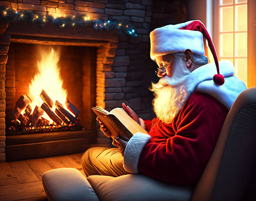 Santa Claus reading book by fireplace with festive lights