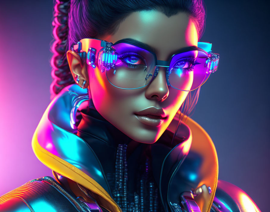 Futuristic woman with neon makeup, eyewear, and high-collar jacket