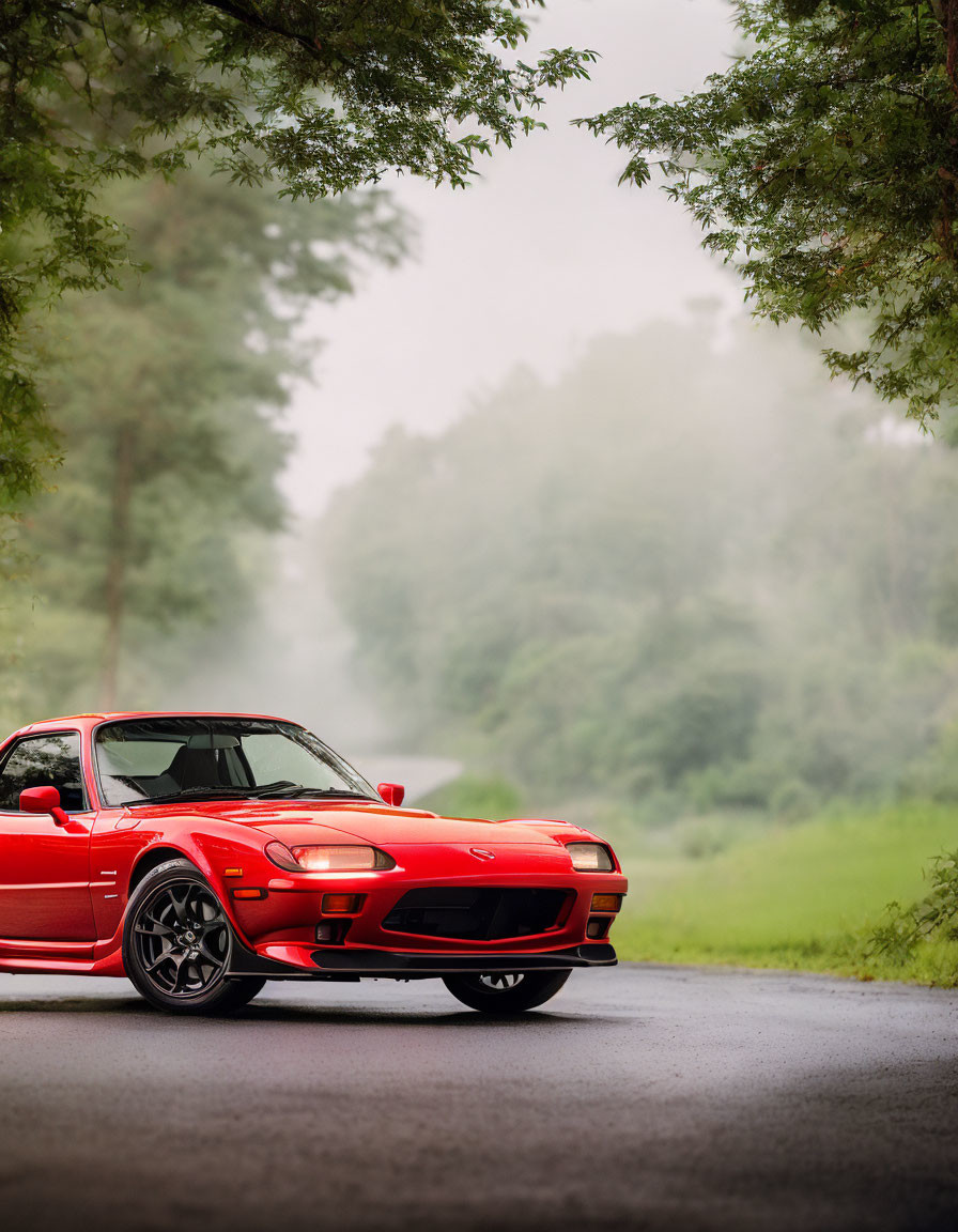 Red sports car on misty tree-lined road