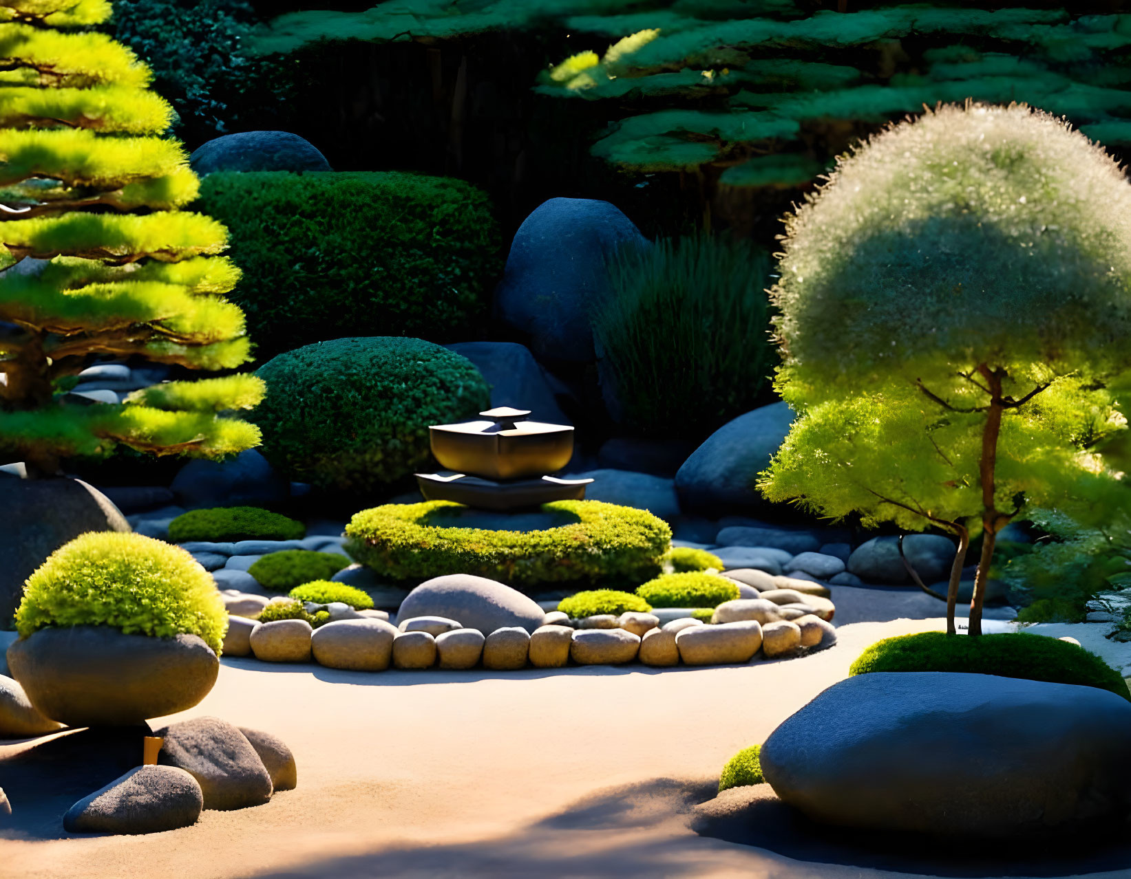 Tranquil Japanese Zen Garden with Sand, Stones, Bushes, and Fountain