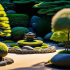 Tranquil Japanese Zen Garden with Sand, Stones, Bushes, and Fountain