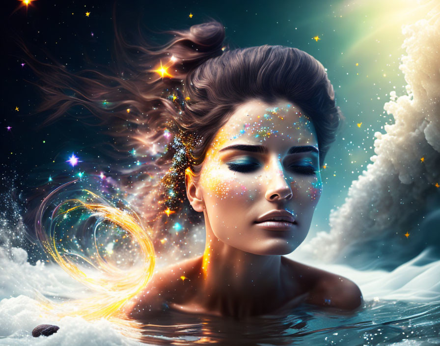 Woman in Water with Cosmic Hair and Stars: Dreamlike and Mystical Atmosphere