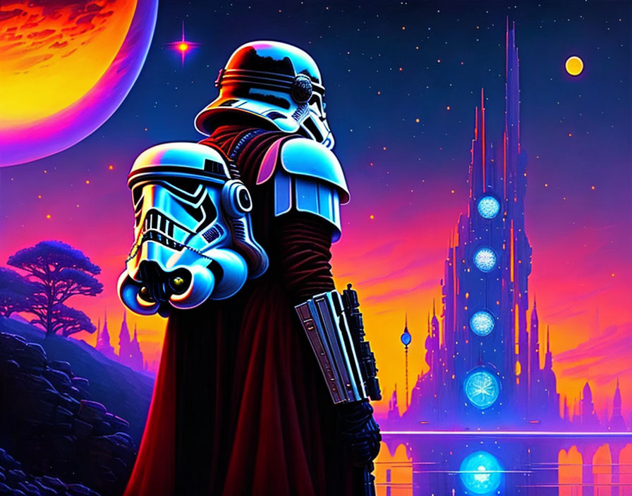 Stormtroopers in armor view alien cityscape with spires under night sky