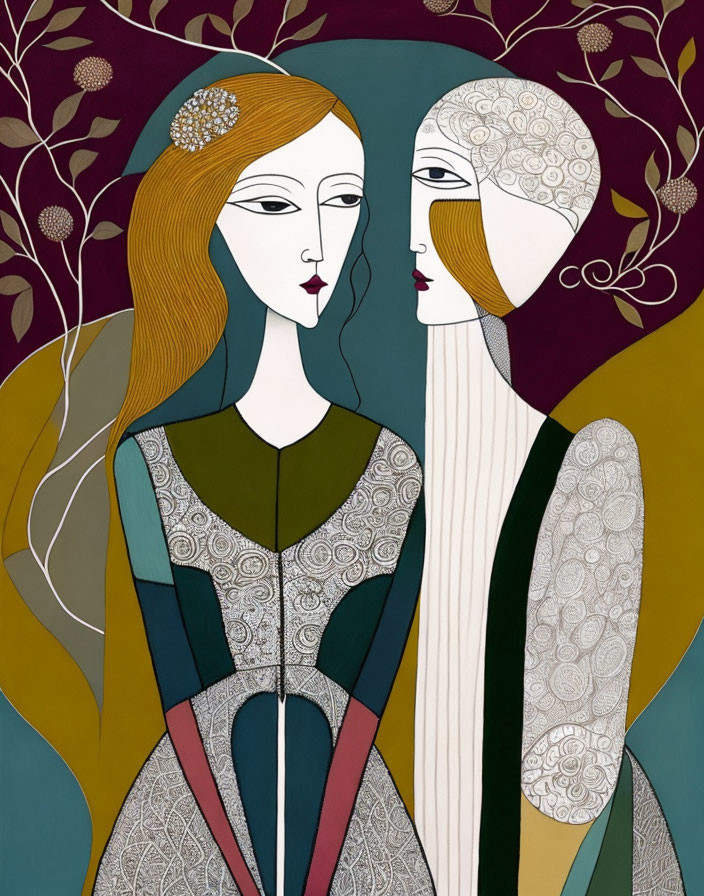 Stylized figures with elongated faces in ornate clothing against botanical background