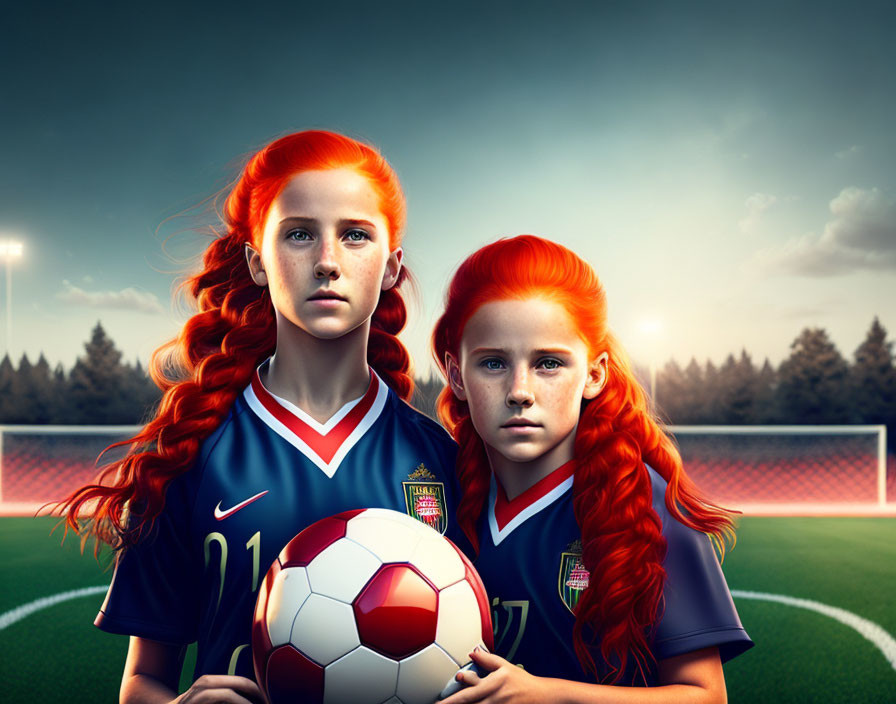 Two girls in soccer uniforms with red hair on field at sunset