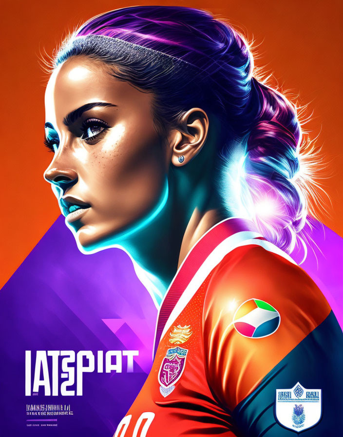 Female soccer player illustration: vibrant colors, focused expression, ponytail, jersey with crest and logo