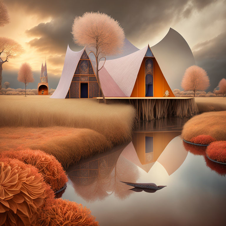 Whimsical surreal landscape with autumn trees and reflective water