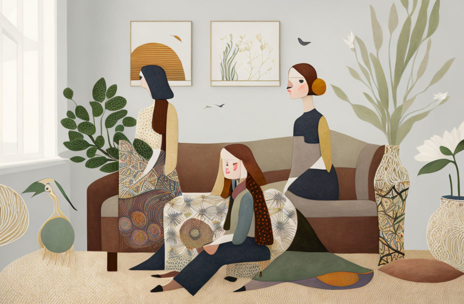 Stylized women in cozy room with houseplants and heron illustration