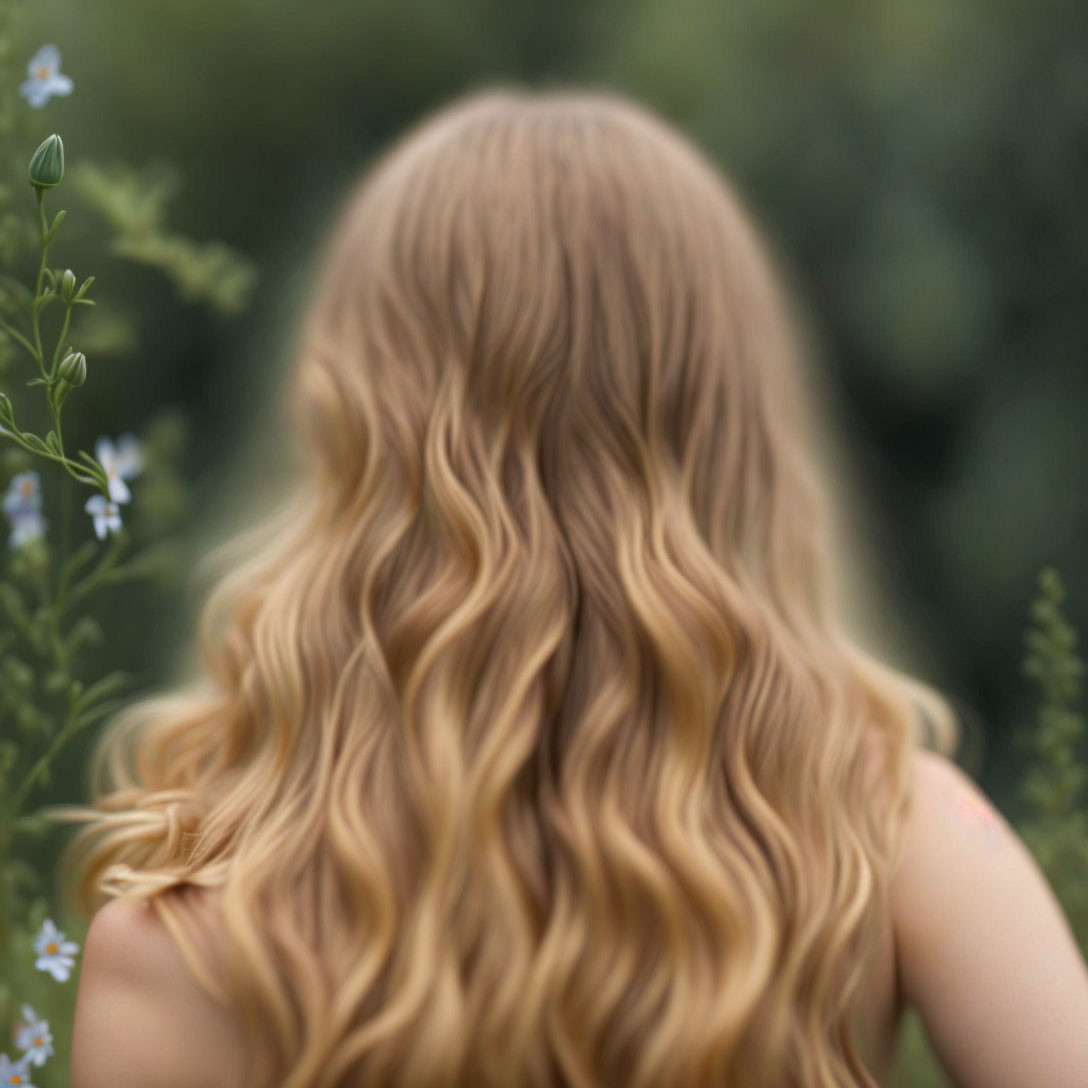 Blonde person with wavy hair against green background with blue flowers