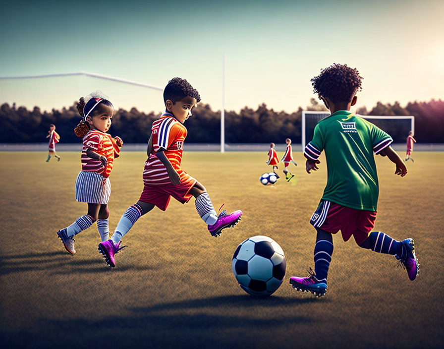 Children Playing Soccer on a Sunlit Field