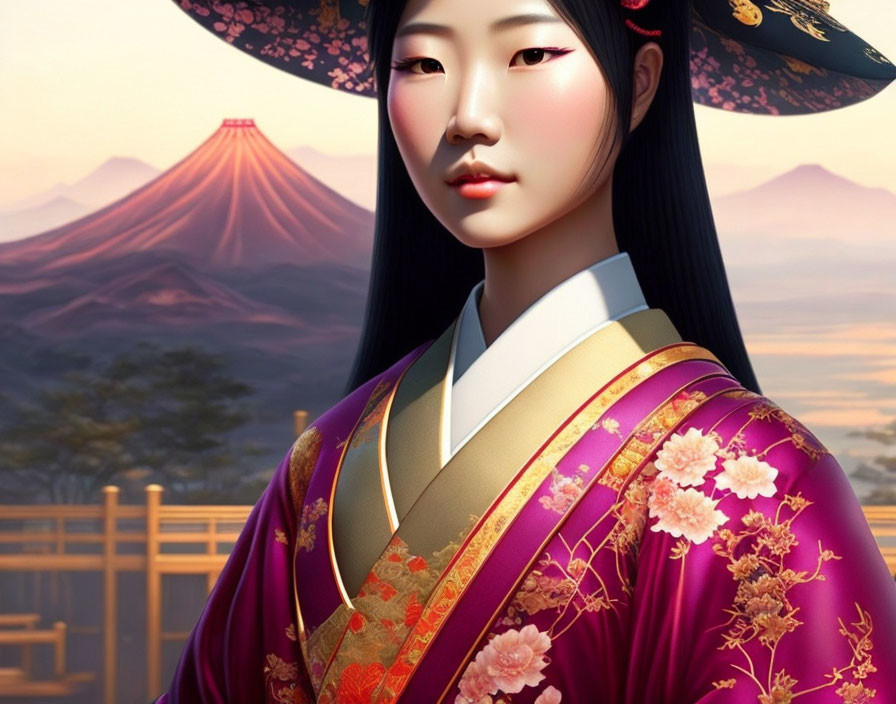 Digital artwork of woman in Japanese attire with Mount Fuji at sunset