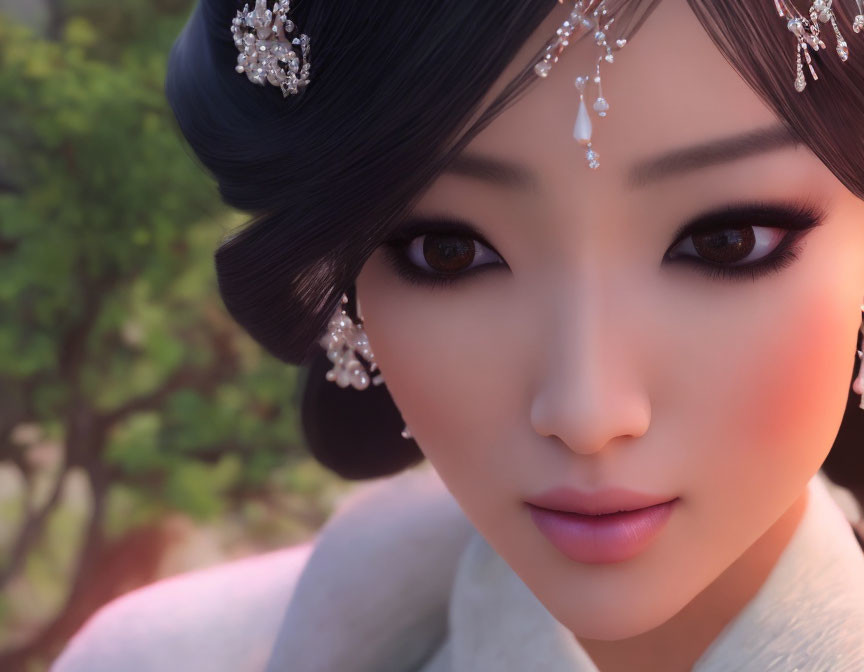 3D-rendered female with elegant hairstyle and serene expression