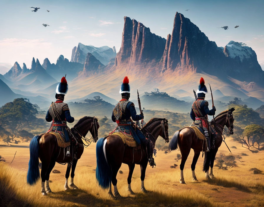 Armored warriors on horseback in savanna with rock formations and flying birds