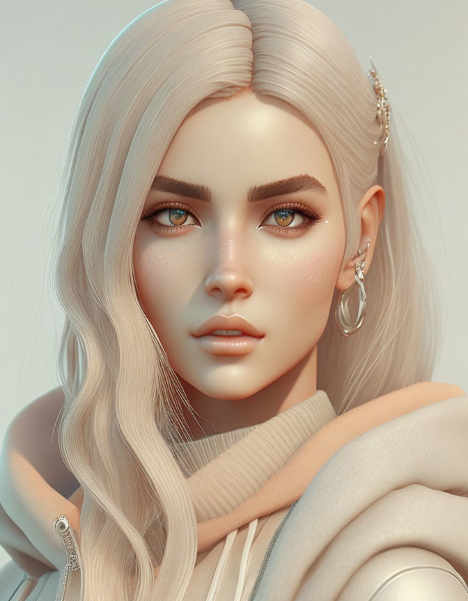 Blonde female character with green eyes, freckles, hoop earrings, and turtleneck outfit