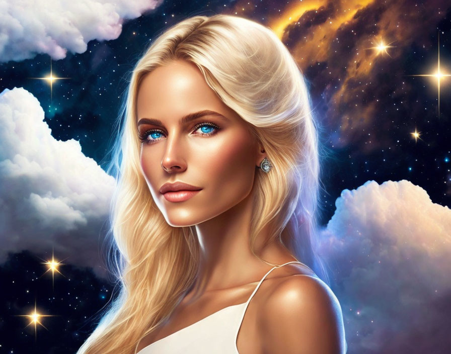 Blonde Woman with Blue Eyes in Cosmic Digital Art