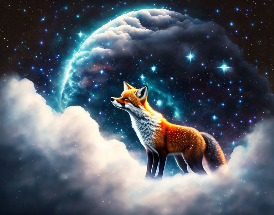 Majestic fox in cosmic setting with stars and crescent moon