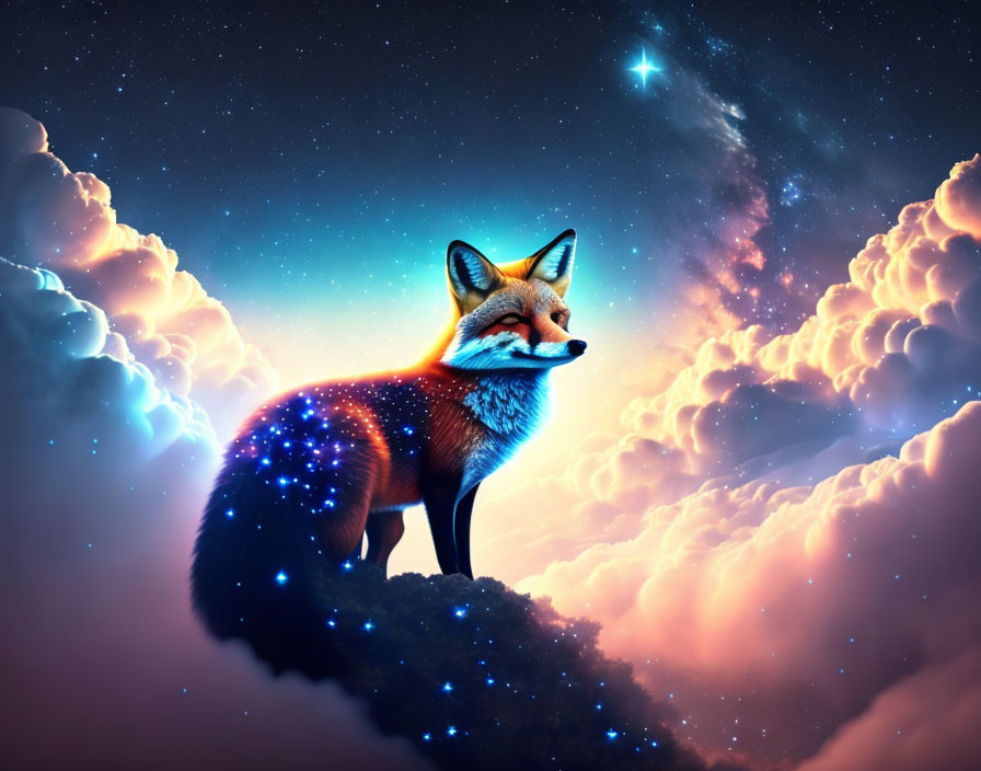 Starry Night Sky Fox Standing on Ethereal Clouds