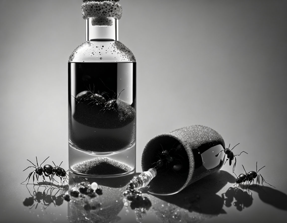 Grayscale image of standing and spilled glass bottles with sand-like particles, surrounded by ants