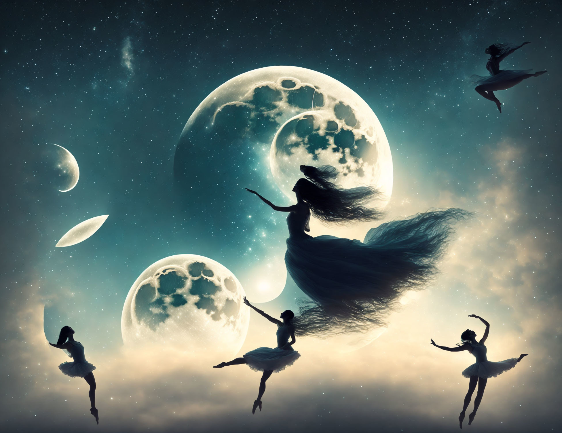 Levitating silhouetted figures in mystical nightscape with multiple moons