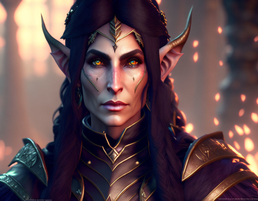 Fantasy elf digital portrait in golden armor against ember backdrop