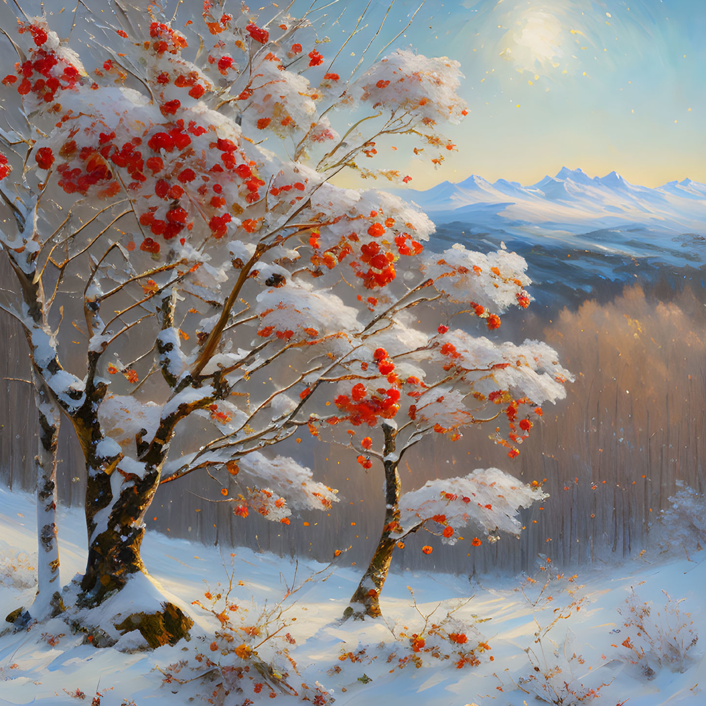 Snow-covered mountainous winter scene with red berries tree and soft glowing sky