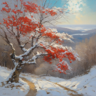 Snow-covered mountainous winter scene with red berries tree and soft glowing sky