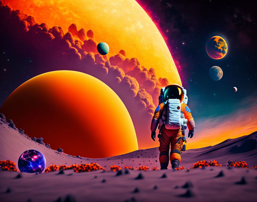 Astronaut exploring alien planet with colorful skies, moons, and dominant planet