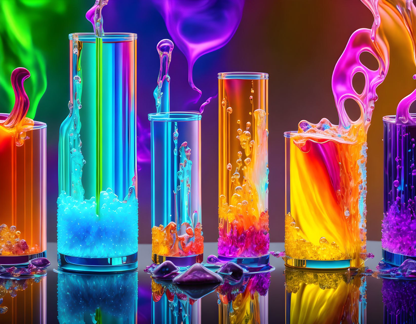 Vibrant liquid splashes and smoke in reflective test tube image