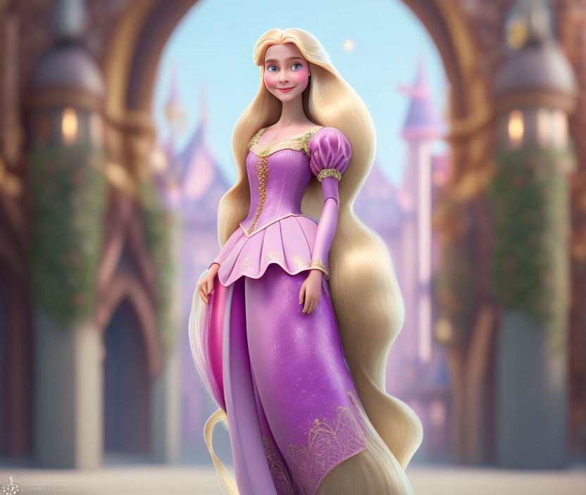 Blonde Princess in Pink and Purple Dress at Castle Courtyard