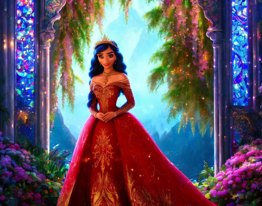 Animated princess in red gown surrounded by magical forest