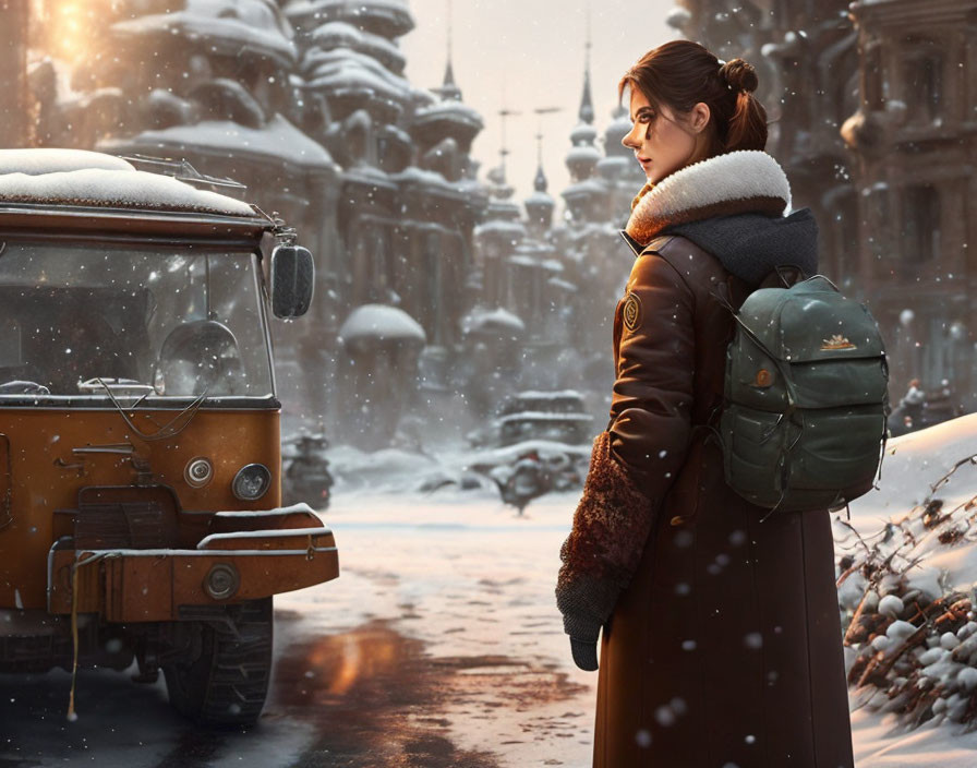 Young Woman in Snowy Landscape with Vintage Vehicle