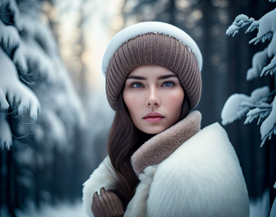 Blue-eyed woman in brown hat and gloves, white fur coat, snowy forest background