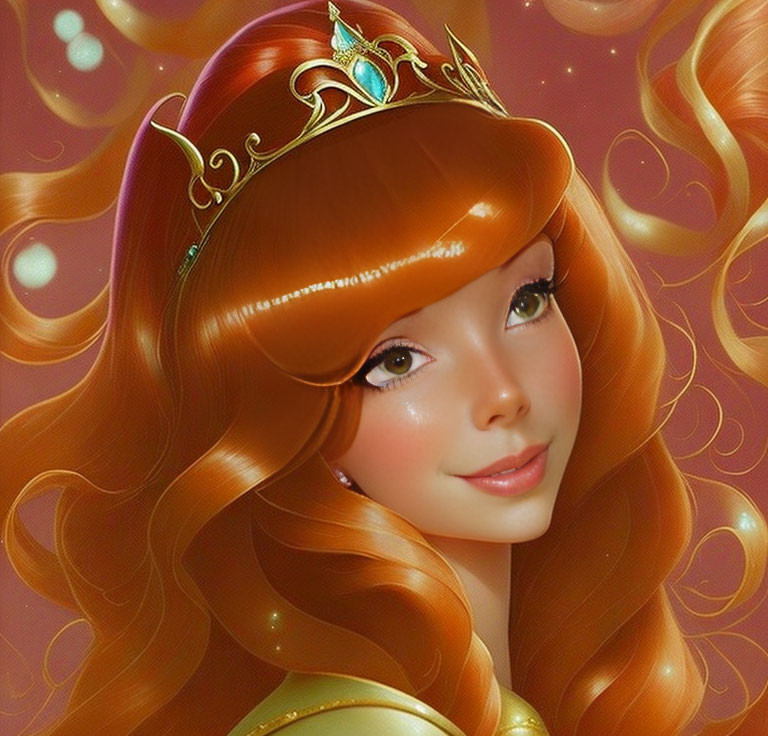 Smiling princess with auburn hair and golden crown