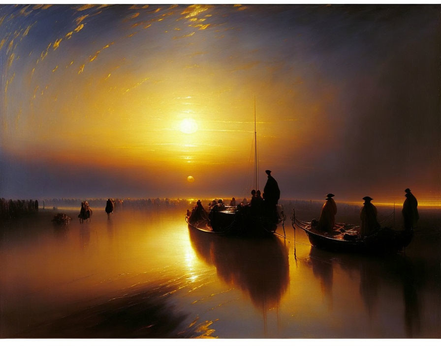 Sunset fishing scene with golden reflections on water and hazy sky