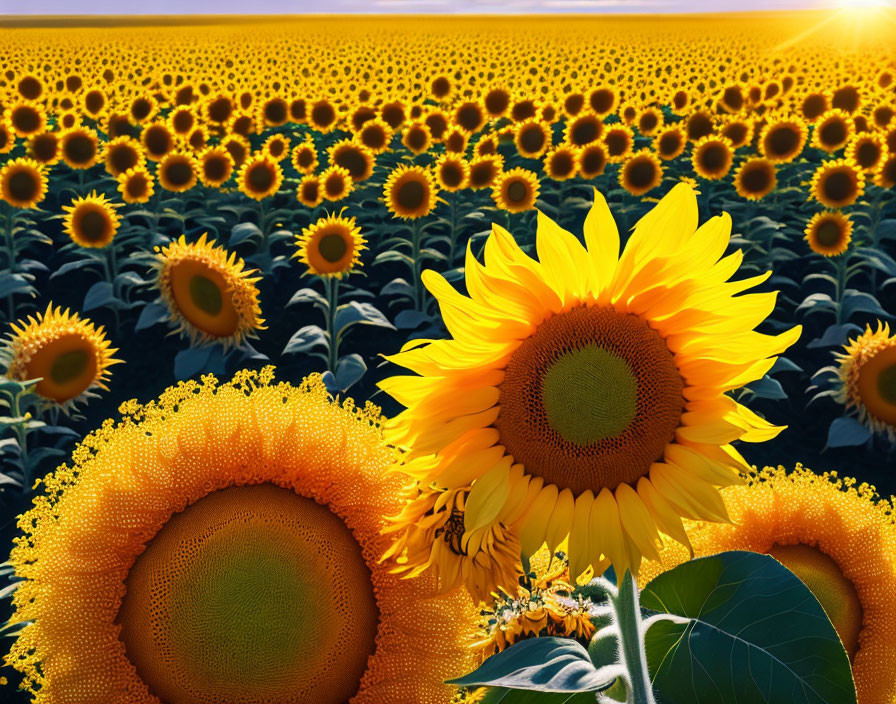 Sunflower field under blue sky with prominent flower