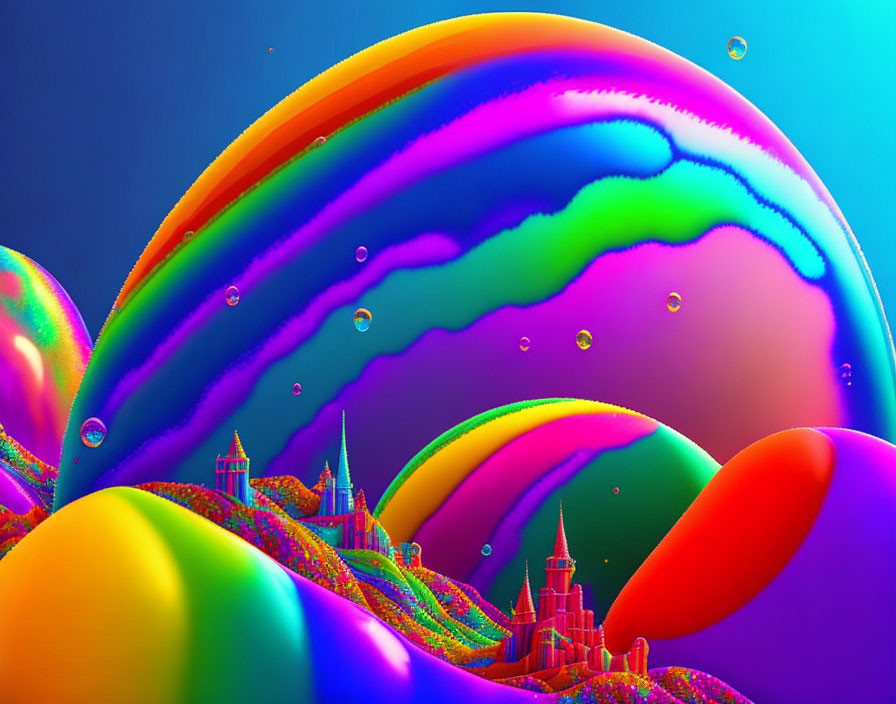 Colorful digital artwork: Bubble-like structures, intricate patterns, whimsical castles under blue sky