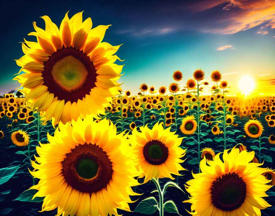 Sunflower Field Sunset Scene with Vibrant Yellow Blooms