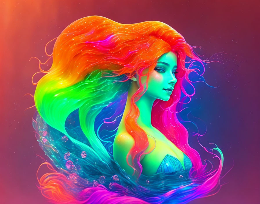 Mermaid with Multicolored Hair in Dreamy Underwater Scene