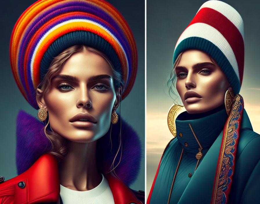 Portraits of a model with dramatic colorful headwear